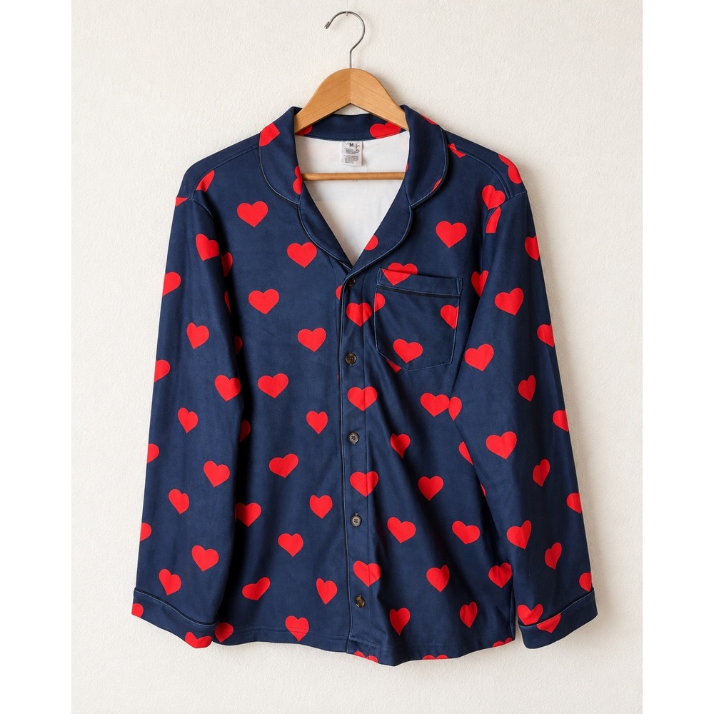 Spark Paws Pajama Top Unisex Medium Blue Red NWT Heart Print Button Down Shirt